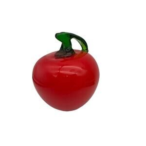 Vintage Murano Style Hand-Blown Red‎ Glass Apple Paperweight W Green Leaf & Stem